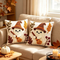 Amorly 2Pack Spooky Halloween Cushion Covers, 2D Print Ghost With Witch Hat And Broom, Pillowcase No Insert, Indoor Decor For Living Room - thumbnail 6