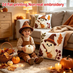 Amorly 2Pack Spooky Halloween Cushion Covers, 2D Print Ghost With Witch Hat And Broom, Pillowcase No Insert, Indoor Decor For Living Room - thumbnail 4