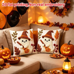 Amorly 2Pack Spooky Halloween Cushion Covers, 2D Print Ghost With Witch Hat And Broom, Pillowcase No Insert, Indoor Decor For Living Room - thumbnail 5