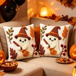 Amorly 2Pack Spooky Halloween Cushion Covers, 2D Print Ghost With Witch Hat And Broom, Pillowcase No Insert, Indoor Decor For Living Room - thumbnail 2