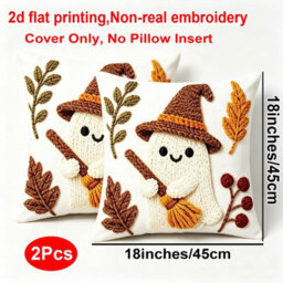 Amorly 2Pack Spooky Halloween Cushion Covers, 2D Print Ghost With Witch Hat And Broom, Pillowcase No Insert, Indoor Decor For Living Room - thumbnail 3