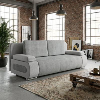 Emma M Corduroy Sofa Bed For Living Room Mdf Frame With Storage Loose Back Cushions 200X92X77 Cm Light Grey - image 1