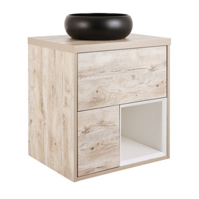 Homestylestore Light Oak 594mm Wall Hung Bathroom Vanity Unit Round Countertop Graphite Basin Open Shelf - image 1