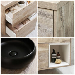 Homestylestore Light Oak 594mm Wall Hung Bathroom Vanity Unit Round Countertop Graphite Basin Open Shelf - thumbnail 2