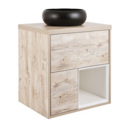 Homestylestore Light Oak 594mm Wall Hung Bathroom Vanity Unit Round Countertop Graphite Basin Open Shelf