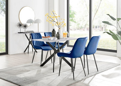 Furniturebox Uk Leonardo White Glass Marble Effect Black Leg Table & 4 Navy Pesaro Black Leg Chairs - image 1