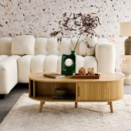Sweeek - Coffee Table With Sliding Doors And Grooved Wooden-Effect Compartments Natural 110X59X39 Cm - Legacy - thumbnail 5