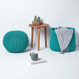 Homescapes Teal Green Round Cotton Knitted Pouffe Footstool - thumbnail 6