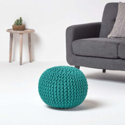 Homescapes Teal Green Round Cotton Knitted Pouffe Footstool - thumbnail 2