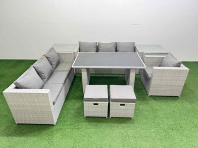 Fimous Patio Garden Furniture Sets With Black Glass Top Dining Table 3 Seater Sofa Armchair 2 Side Tables 2 Small Stool Light Grey - image 1
