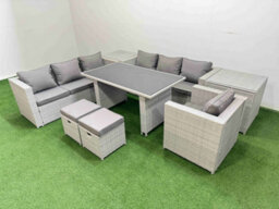 Fimous Patio Garden Furniture Sets With Black Glass Top Dining Table 3 Seater Sofa Armchair 2 Side Tables 2 Small Stool Light Grey - thumbnail 2