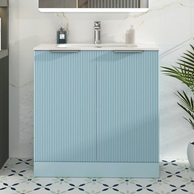 Royal Bathrooms Evora 800mm Powder Blue Fluted Floor Standing Bathroom Vanity Unit 2 Door Cabinet Storage With Ceramic Basin Sink - 1 Tap Hole - image 1