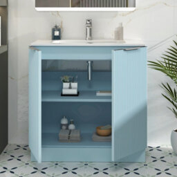 Royal Bathrooms Evora 800mm Powder Blue Fluted Floor Standing Bathroom Vanity Unit 2 Door Cabinet Storage With Ceramic Basin Sink - 1 Tap Hole - thumbnail 3