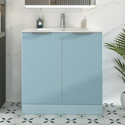 Royal Bathrooms Evora 800mm Powder Blue Fluted Floor Standing Bathroom Vanity Unit 2 Door Cabinet Storage With Ceramic Basin Sink - 1 Tap Hole