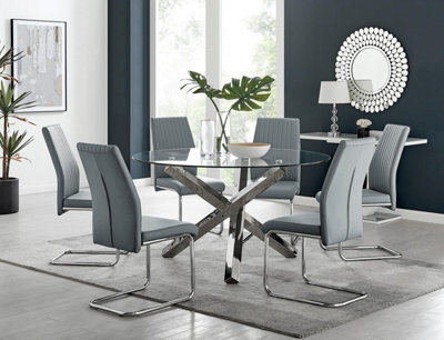 Furniturebox Uk Vogue Large Round Chrome Metal Clear Glass Dining Table And 6 Elephant Grey Lorenzo Dining Chairs Set - image 1