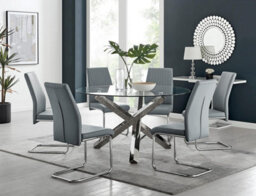 Furniturebox Uk Vogue Large Round Chrome Metal Clear Glass Dining Table And 6 Elephant Grey Lorenzo Dining Chairs Set - thumbnail 1