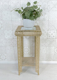 Downton Interiors Light Gold Embossed Metal Mirrored Glass Side Table With Shelf - Agadir Range - thumbnail 2