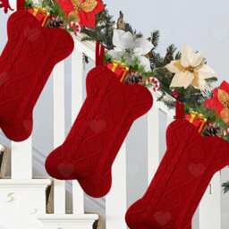 Amorly 3Pcs Dog Christmas Stockings, 16.5 Inch Large Double Sided Knitted Bone Shaped Hanging Stocking For Pet Xmas Home Decor - thumbnail 1
