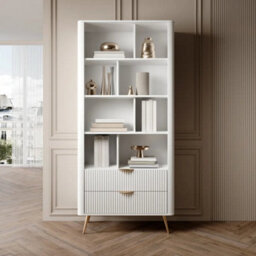 Arte Lante Bookcase 88 Cm In White - Tall Display Storage With Eight Cubes And Two Drawers