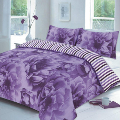 Homes & Linen Rose Floral Duvet Cover Set Flowers Reversible Stripe Printed Bedding Set