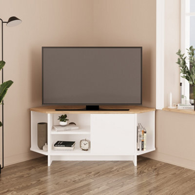 Teo Corner Tv Stand - Space-Saving Tv Unit For 43-48 Inch Tvs, Compact Media Console With Open Shelves & Cabinet (Oak & White) - image 1