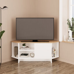 Teo Corner Tv Stand - Space-Saving Tv Unit For 43-48 Inch Tvs, Compact Media Console With Open Shelves & Cabinet (Oak & White) - thumbnail 1