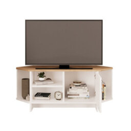 Teo Corner Tv Stand - Space-Saving Tv Unit For 43-48 Inch Tvs, Compact Media Console With Open Shelves & Cabinet (Oak & White) - thumbnail 3