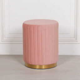 Celina Quartz Pink Ribbed Velvet Gold Trim Round Pouffe Upholstered Stool