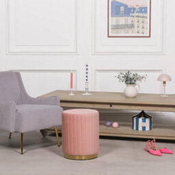 Celina Quartz Pink Ribbed Velvet Gold Trim Round Pouffe Upholstered Stool - thumbnail 4