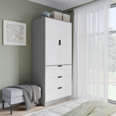 Urbn-Living Urbnliving 180Cm Height Grey Wardrobe With White 2 Door 3 Drawer Storage And Modern Hanging Rail Furniture - image 1