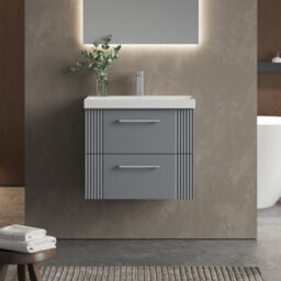 Balterley Belvide Partial Fluted 2 Drawer Wall Hung Vanity Unit With 1 Tap Hole Thin-Edge Basin- 600mm - Satin Grey - thumbnail 2