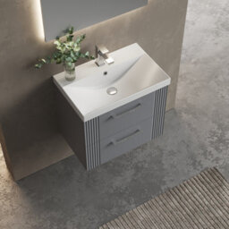 Balterley Belvide Partial Fluted 2 Drawer Wall Hung Vanity Unit With 1 Tap Hole Thin-Edge Basin- 600mm - Satin Grey - thumbnail 3