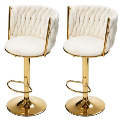 Set Of 2 Velvet Bar Stools Adjustable Swivel Counter Chairs With Gold Metal Base - image 1