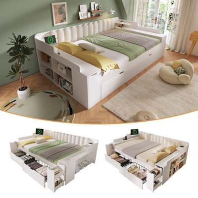 Btm 4Ft6 Double Daybed 135 X 190 Cm With Storage Cabinet Usb C Charging Station Wooden Sofa Bed White No Mattress - image 1