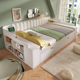 Btm 4Ft6 Double Daybed 135 X 190 Cm With Storage Cabinet Usb C Charging Station Wooden Sofa Bed White No Mattress - thumbnail 8