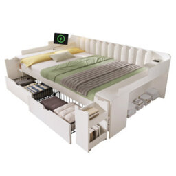 Btm 4Ft6 Double Daybed 135 X 190 Cm With Storage Cabinet Usb C Charging Station Wooden Sofa Bed White No Mattress - thumbnail 7