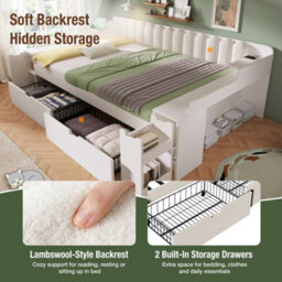 Btm 4Ft6 Double Daybed 135 X 190 Cm With Storage Cabinet Usb C Charging Station Wooden Sofa Bed White No Mattress - thumbnail 3