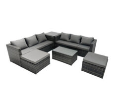 Fimous Rattan Garden Furniture Dining Set 8-Seater Patio Coffee Table Sofa Set With Side Table 2 Big Footstools Dark Grey Mixed - thumbnail 1