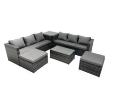 Fimous Rattan Garden Furniture Dining Set 8-Seater Patio Coffee Table Sofa Set With Side Table 2 Big Footstools Dark Grey Mixed - thumbnail 2