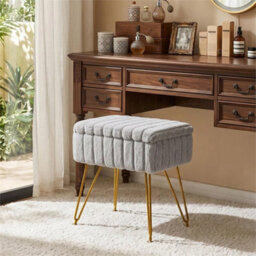 Grey Dressing Table Stool With Storage Ottoman Seat W/gold Metal Legs - thumbnail 4