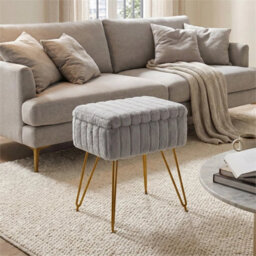 Grey Dressing Table Stool With Storage Ottoman Seat W/gold Metal Legs - thumbnail 5