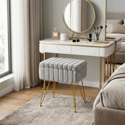 Grey Dressing Table Stool With Storage Ottoman Seat W/gold Metal Legs - thumbnail 1
