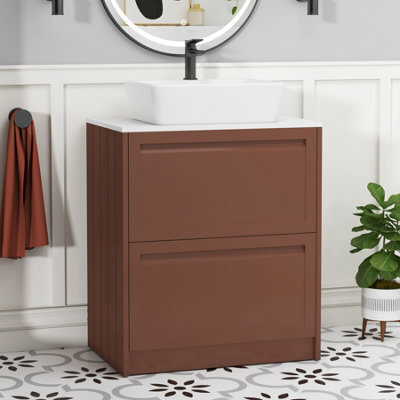 Royal Bathrooms Royal Bathroom Elmore 700mm Terracotta Clay Freestanding Bathroom Vanity Unit 2 Drawer Plain White Worktop With Cube Basin - image 1