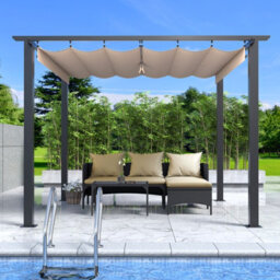 Onemill 8X8 Ft Metal Pergola With Retractable Roof, Garden Pergola With Sun Shade Canopy-Beige - thumbnail 1