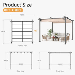 Onemill 8X8 Ft Metal Pergola With Retractable Roof, Garden Pergola With Sun Shade Canopy-Beige - thumbnail 2