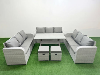 Fimous Pe Rattan Lounge Sofa Set 11 Seater Outdoor Garden Furniture Set Rectangular Dining Table 3 Seater Sofa 2 Stools Light Grey - image 1