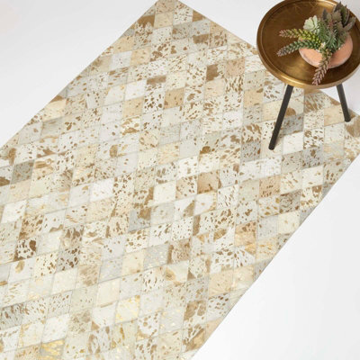 Homescapes Gold & Grey Geometric Diamond Leather Rug, 90 X 150 Cm - image 1