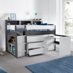 Save On Goods UK 2 Tone White & Grey Mid Sleeper,storage Chest Of Drawers,desk,kids 3Ft Single Wood,wooden Study Bunk Bed