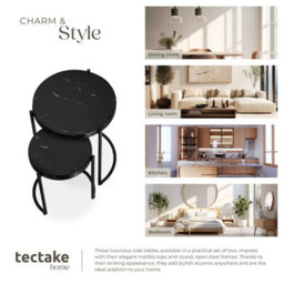 Tectake Side Table Ellsa With Marble-Look Tabletop And Steel Frame Set Of 2 Black/black - thumbnail 5