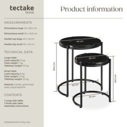 Tectake Side Table Ellsa With Marble-Look Tabletop And Steel Frame Set Of 2 Black/black - thumbnail 6